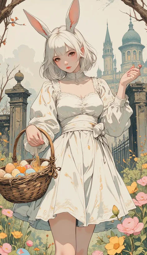 "(Highest Quality, high resolution, masterpiece:1.4)、8k、((Handwriting、watercolor pencil drawing )) Photorealistic、excellent artistic performance, Photorealistic、excellent artistic performance. anime style, couple、full body shot ,
(Easter bunny girl, whit...