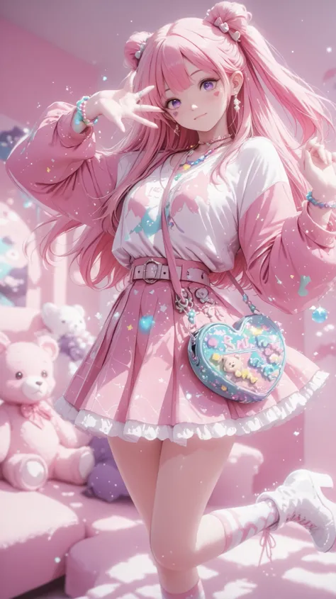  A beautiful woman (beautiful curves), with long red hair with pink tips and bright purple eyes (eyes rich in detail), (detailed eyes) with pink and orange ombré hair, She wears an oversized sweatshirt in pastel colors, with a print of an anime character m...