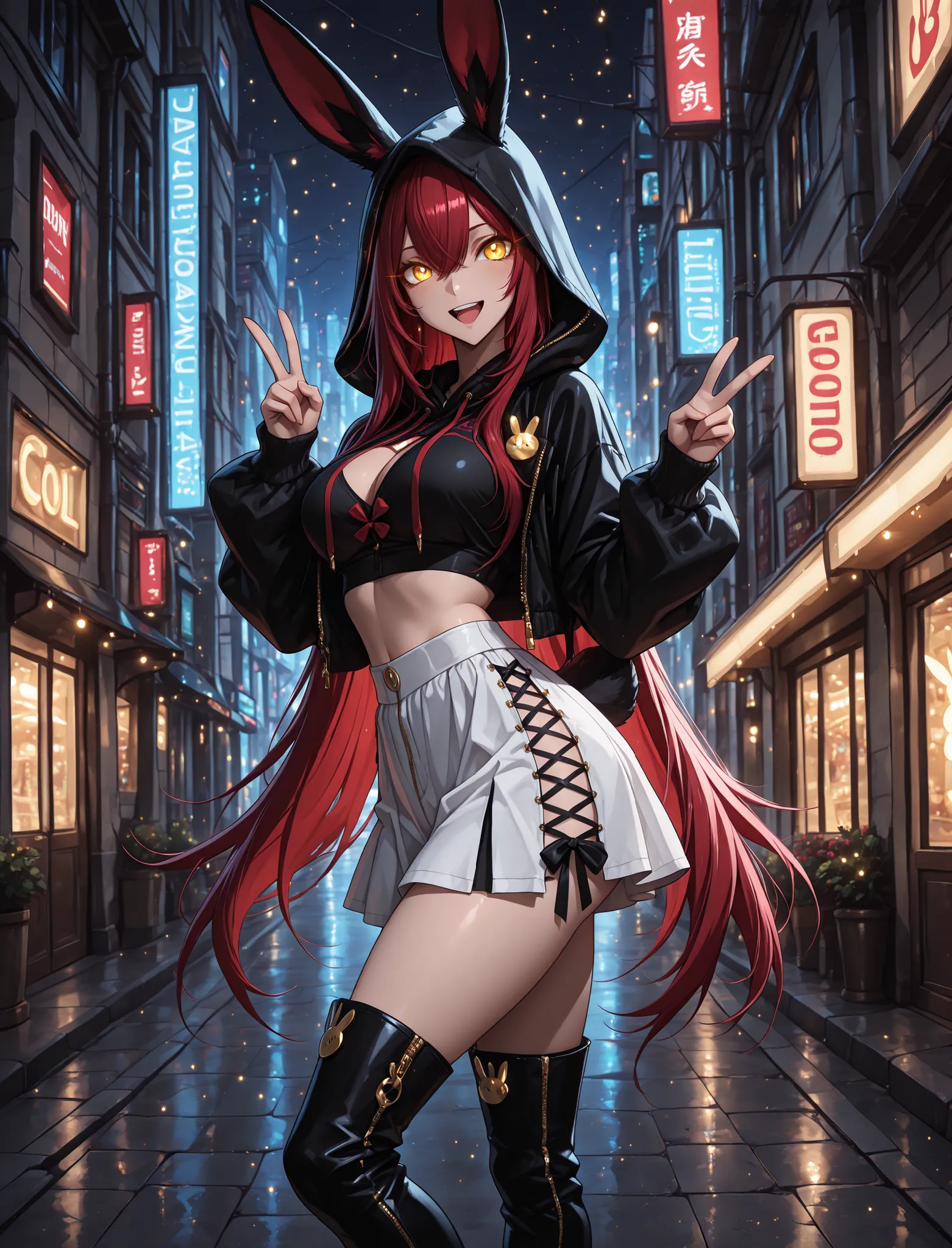 glowing eyes, rabbit ear jacket, crop top, hood up, bow on chest,  mini white  skirt with , laced skirt, knee high boots, 1 girl , golden eyes , very long hair , long sidelocks, red hair , petite , very cute , beautiful ,Straight hair, cool, handsome, hair...