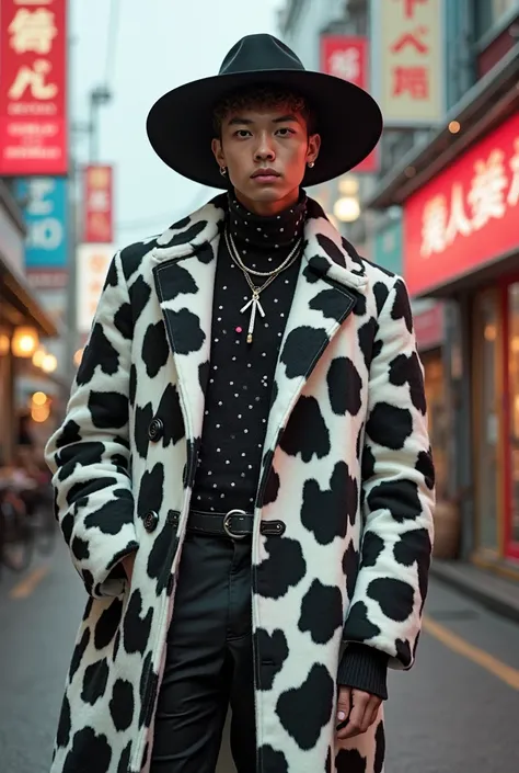 Harajuku man outlook. Плащ цвета далматинец. Шляпа. Street look