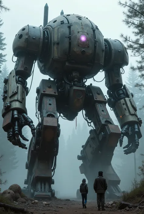 military robot like a tank、(1.5)、(An intimidating feeling like a chariot:1.5),(Strange , Deviation, has an unusual design:1.5),(Darkness, the dark metal body is rusted:1.5)、(50mRobot 1 .standing in the fog of the forest、(A robot with a very creepy atmosphe...