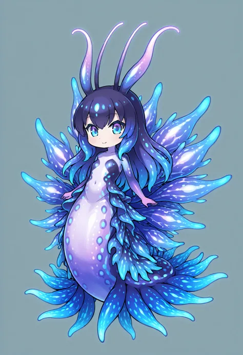 Sea slug girl. Antenna. Black and purple image colors. Female kemono style. Deformed character. Tiny limbs. finned tail. Glowing tentacles. Bioluminescence. Glowing spines. Full body image.
