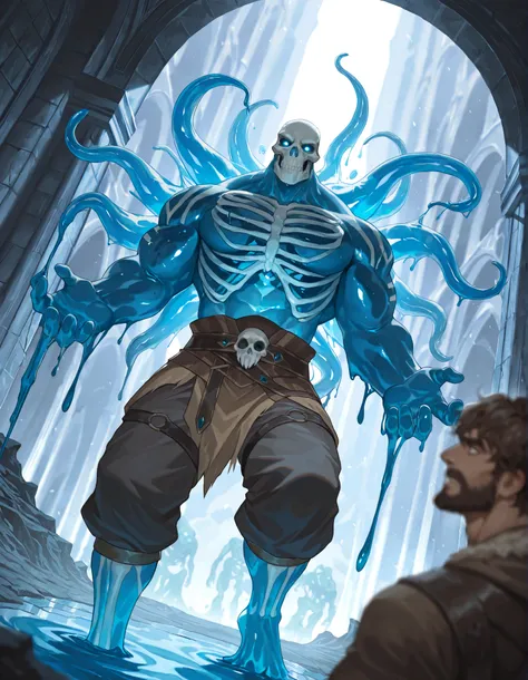 Expressiveh, cold stare, solo male, hungry, score_9, score_8_up, score_7_up, slime short hair, body made of slime, muscular, giant, goliath, slime of a brilliant turquoise blue tone, source_anime, haughty, slime in a form of a man, dark buggy pants, athlet...