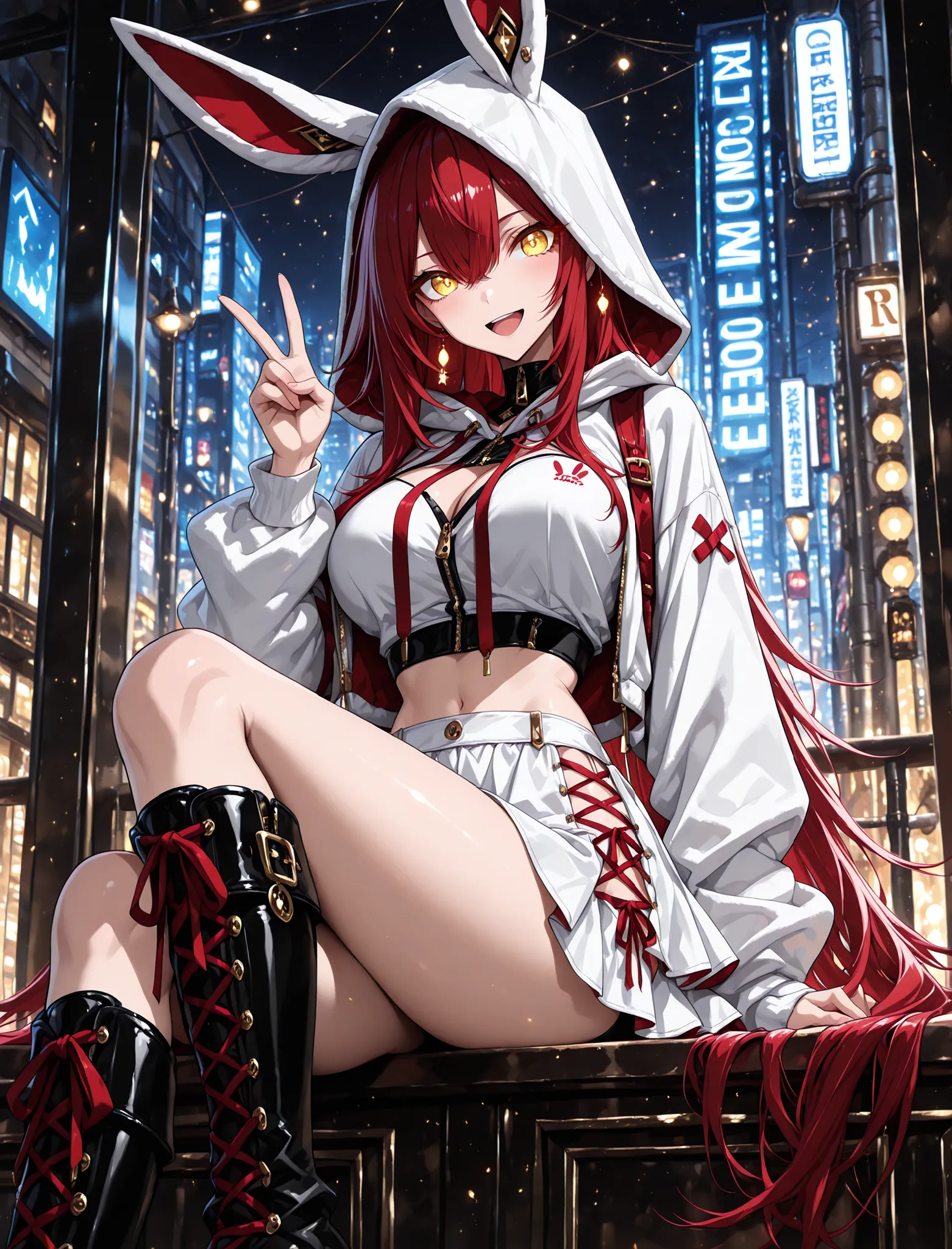 glowing eyes, rabbit ear jacket, crop top, hood up, bow on chest,  mini white  skirt with , laced skirt, knee high boots, 1 girl , golden eyes , very long hair , long sidelocks, red hair , petite , very cute , beautiful ,Straight hair, cool, handsome, hair...