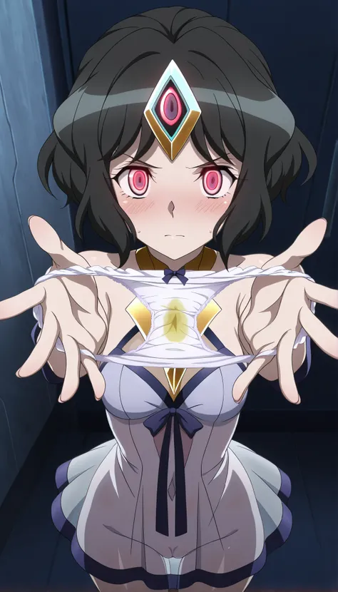 masterpiece, best quality, amazing quality, very aesthetic, absurdres, newest,shiny skin, anime screenshot, anime coloring senki zesshou symphogear, 1 girl, (Shem-Ha, black hair,short hair glowing eyes,red eyes), Tight waist、Small waist、Glowing Skin, clear...