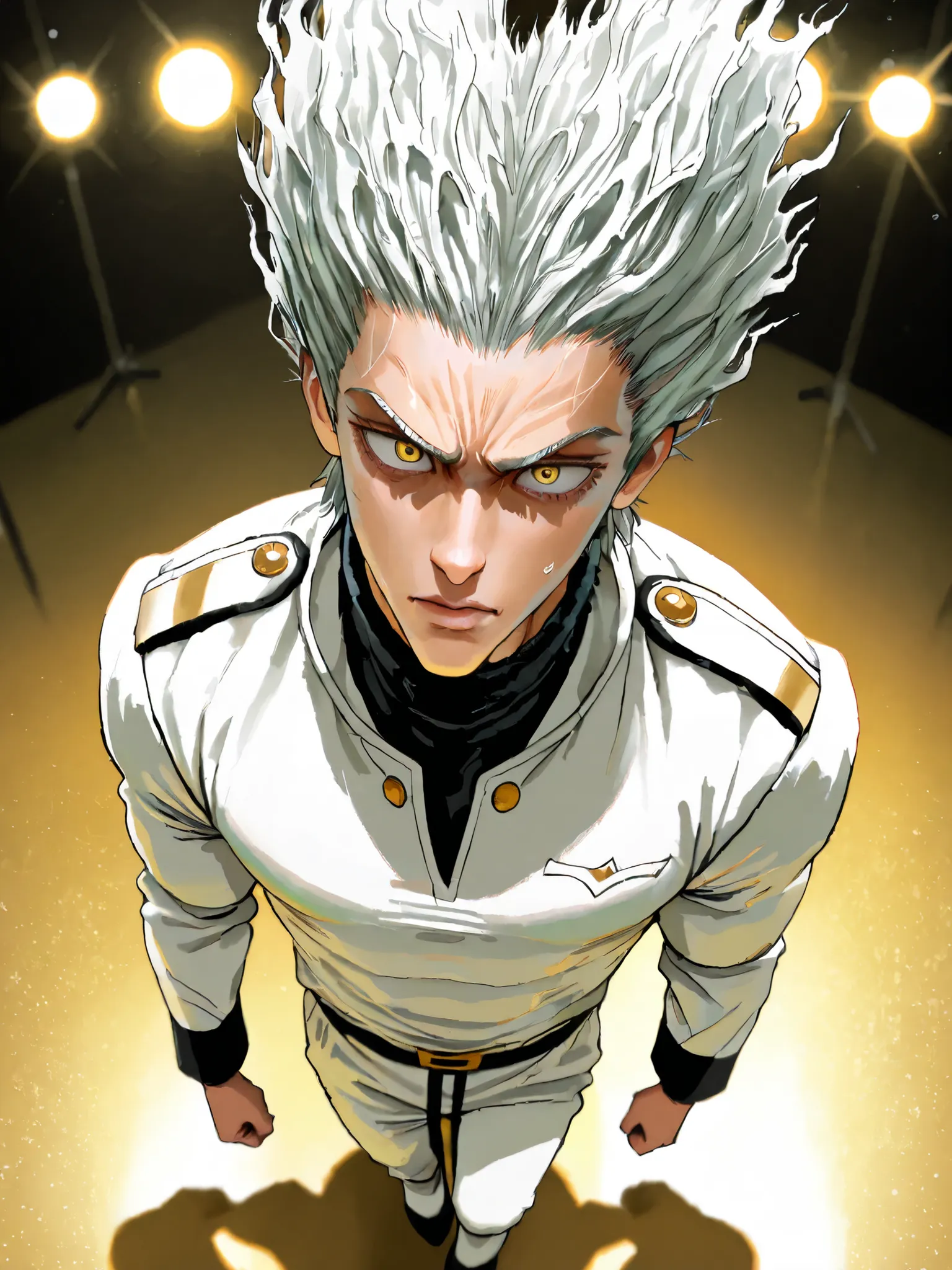 Garou, One Punch Man, yellow eyes, gray hair, 18 years old, guy, 177cm, Black Chewy Neck Polar Revealing the Body, White uniform pants, Uniform Straps, Full Body High Definition,Masterpiece,Extremely detailed,Realistic,photorealistic,HDR,UHD,Studio Lightin...