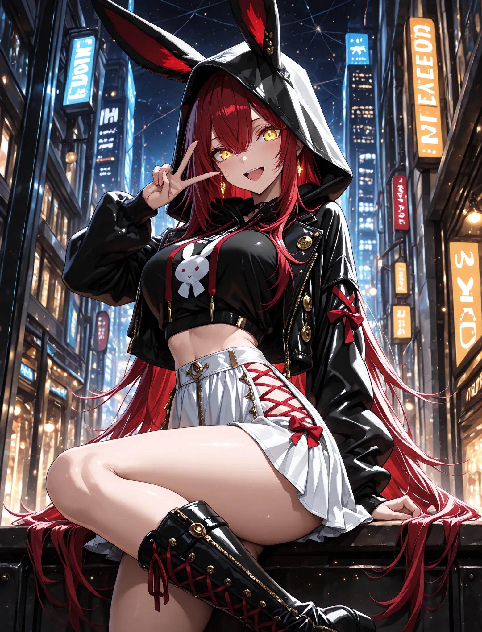 glowing eyes, rabbit ear jacket, crop top, hood up, bow on chest,  mini white  skirt with , laced skirt, knee high boots, 1 girl , golden eyes , very long hair , long sidelocks, red hair , petite , very cute , beautiful ,Straight hair, cool, handsome, hair...