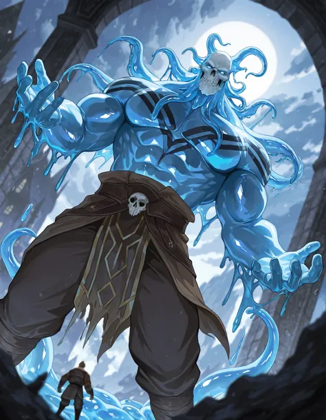 Expressiveh, cold stare, solo male, hungry, score_9, score_8_up, score_7_up, slime short hair, body made of slime, muscular, giant, goliath, slime of a brilliant turquoise blue tone, source_anime, haughty, slime in a form of a man, dark buggy pants, athlet...