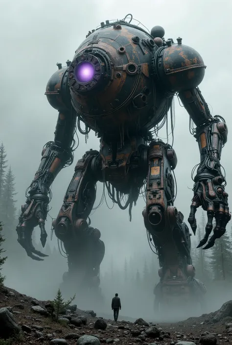 military robot like a tank、(1.5)、(An intimidating feeling like a chariot:1.5),(wacky, perverted, and bizarre design without a head:1.5),(the dark dark metallic body is rusted:1.5)、(Height50mRobot 1.tanding in the fog of the forest、(A robot with a very cree...