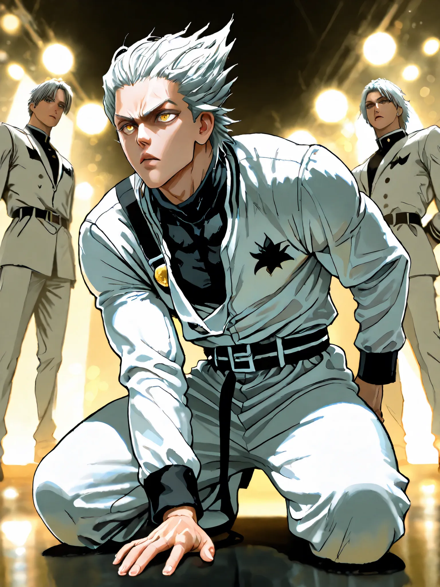 Garou, One Punch Man, yellow eyes, gray hair, 18 years old, guy, 177cm, Black Chewy Neck Polar Revealing the Body, White uniform pants, Uniform Straps, Full Body High Definition,Masterpiece,Extremely detailed,Realistic,photorealistic,HDR,UHD,Studio Lightin...
