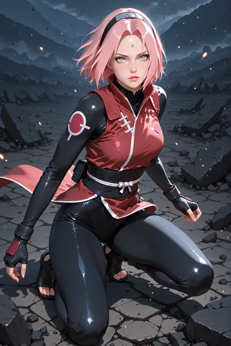 A beautiful girl with short pink hair in typical anime style, dressed in a modern red and black ninja outfit, jumps in the air and lands with one powerful blow to the ground. The surrounding land is shattered into pieces, stone debris flies in the air, cre...