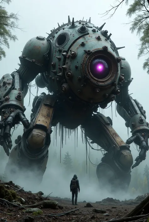 military robot like a tank、(1.5)、(An intimidating feeling like a chariot:1.5),(wacky, perverted, and bizarre design without a head:1.5),(the dark dark metallic body is rusted:1.5)、(Height50mRobot 1.tanding in the fog of the forest、(A robot with a very cree...