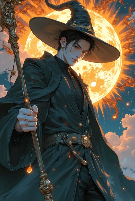 (photorealism:1.2), (photorealism:1.2), photo of a young handsome man, a busts of fire sparks came out of his wooden staff, fire magic , outdoors, to point a staff at the enemy, deep azure blue wizard robe, deep azure blue witch hat, jet-black turtleneck s...