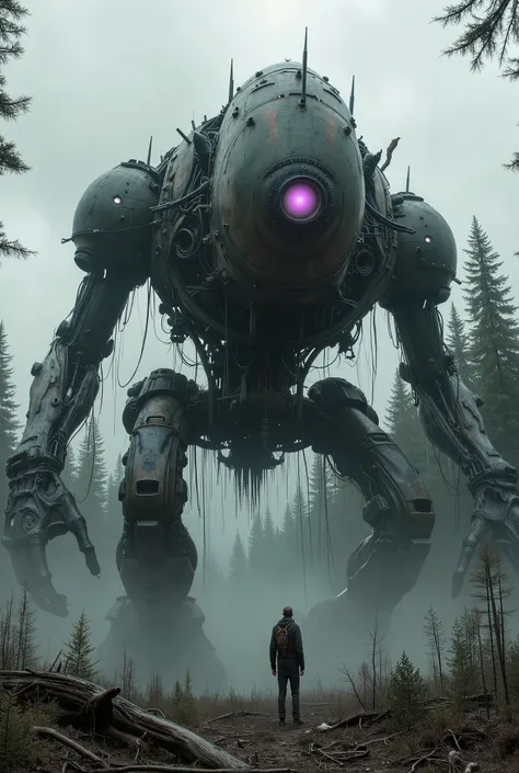 military robot like a tank、(1.5)、(An intimidating feeling like a chariot:1.5),(wacky, perverted, and bizarre design without a head:1.5),(the dark dark metallic body is rusted:1.5)、(Height50mRobot 1.tanding in the fog of the forest、(A robot with a very cree...