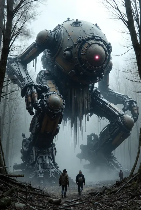 military robot like a tank、(1.5)、(An intimidating feeling like a chariot:1.5),(wacky, perverted, and bizarre design without a head:1.5),(the dark dark metallic body is rusted:1.5)、(Height50mRobot 1.tanding in the fog of the forest、(A robot with a very cree...
