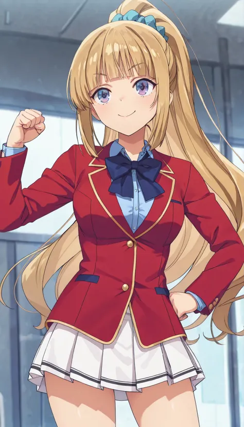  masterpiece, best quality, highres, 1girl,solo, , kei karuizawa , long hair , bangs , blunt bangs , purple eyes , blonde hair , hair ornament , ponytail , scrunchie , blue scrunchie , white skirt, red blazer(closed blazer, buttoned blazer,two button), blu...