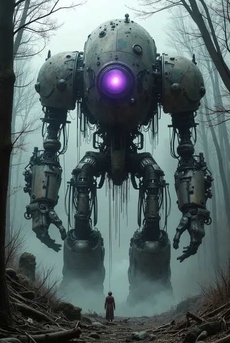 military robot like a tank、(1.5)、(An intimidating feeling like a chariot:1.5),(wacky, perverted, and bizarre design without a head:1.5),(the dark dark metallic body is rusted:1.5)、(Height50mRobot 1.tanding in the fog of the forest、(A robot with a very cree...