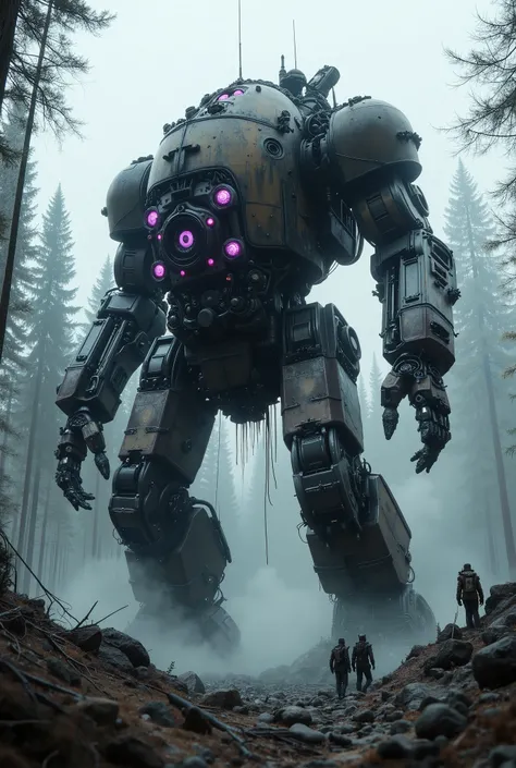 military robot like a tank、(1.5)、(An intimidating feeling like a chariot:1.5),(wacky, perverted, and bizarre design without a head:1.5),(the dark dark metallic body is rusted:1.5)、(Total height 50mRobot 1.tanding in the fog of the forest、(A robot with a ve...