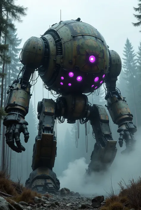 military robot like a tank、(1.5)、(An intimidating feeling like a chariot:1.5),(wacky, perverted, and bizarre design without a head:1.5),(the dark dark metallic body is rusted:1.5)、(Total height 50mRobot 1.tanding in the fog of the forest、(A robot with a ve...