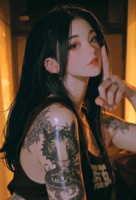 Half upper body portrait, looking at viewer, solo, 1 girl, very long black hair, black eyes, piercings, tattoos. Wear tanktop. Indoor background. Pose for photo, facing with viewer. Dynamic warm lighting, anime-style,dramatic shadows.