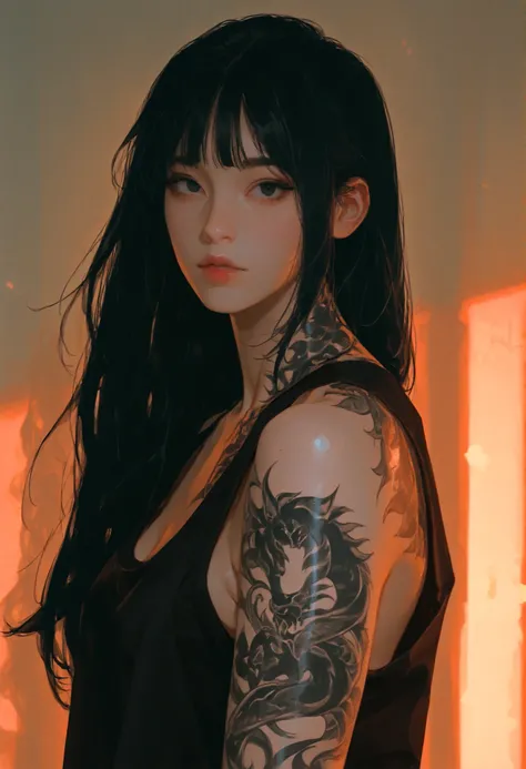 Half upper body portrait, looking at viewer, solo, 1 girl, very long black hair, black eyes, tattoos. Wear tanktop. Indoor background. Pose for photo. Dynamic warm lighting, anime-style,dramatic shadows.