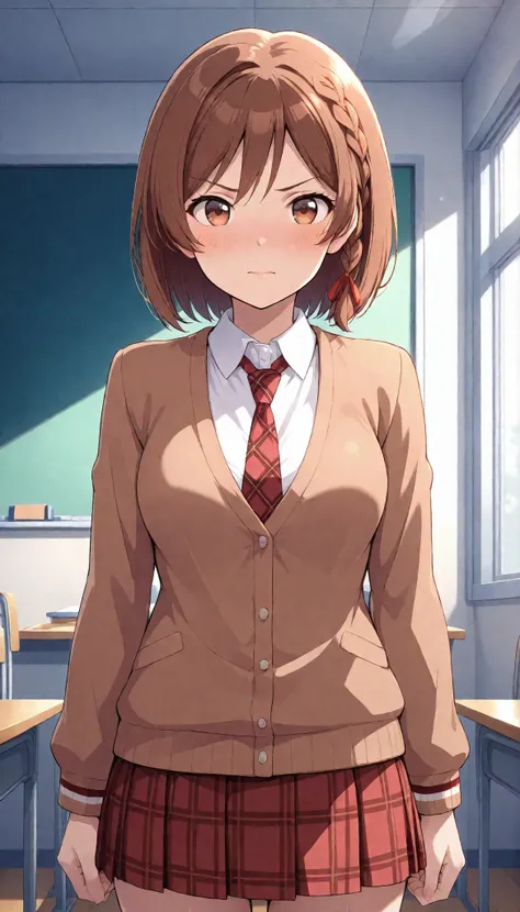  sakuramori akane, 1girl, solo, looking at viewer, blush, smile, medium hair, brown hair, shirt, long sleeves, brown eyes, school uniform, hair ribbon, white shirt, braid, bowtie, collared shirt, plaid skirt, blazer, red necktie, side braid, brown cardigan...