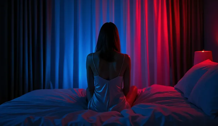 A cinematic, sensual digital painting of a woman sitting on a bed in a dark room, illuminated only by strong contrasting neon lights—deep blue on one side and intense red on the other. The woman is shown from behind in a backlit silhouette, wearing a silky...