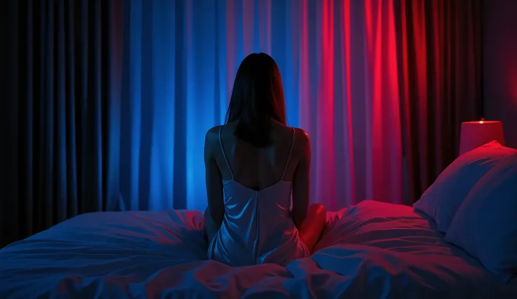A cinematic, sensual digital painting of a woman sitting on a bed in a dark room, illuminated only by strong contrasting neon lights—deep blue on one side and intense red on the other. The woman is shown from behind in a backlit silhouette, wearing a silky...