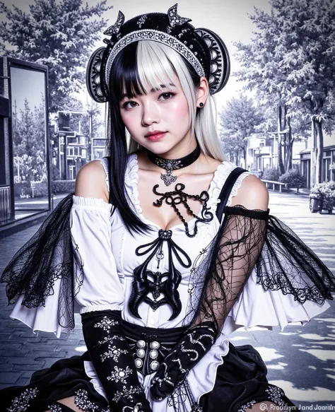 in this impressive photo、figures wear elaborate gothic costumes。The black and wh