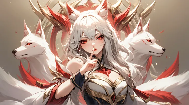 With a serene and omniscient expression, Ahri raises a single finger to her lips in a 'shush' gesture, commanding utter silence