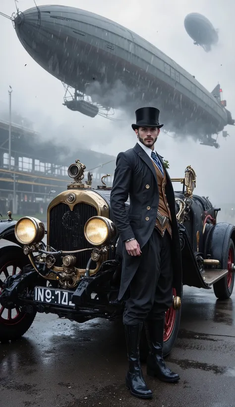  A handsome and charming steampunk man in front of a vintage steampunk car on a wet and foggy steampunk racetrack (London, 1890) In the sky, airships, flying like ghostly figures in the clouds and fog 