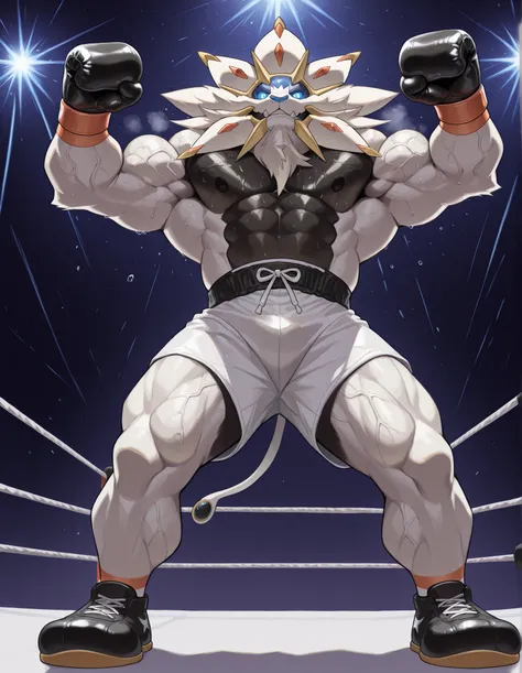 Solgaleo, anthro male, high quality, full body, looking down at viewer, looking up from directly below, solo, boxing ring background, black boxing gloves, thick very veiny arms, rugged muscles with protruding veins, white boxing shorts, black boxing shoes,...