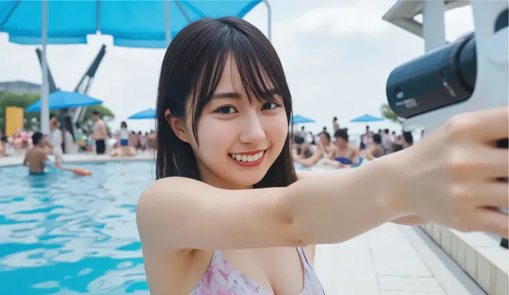 (((nsfw, masterpiece, Highest Quality, Super Detailed, beautiful , 8k, Photoreal))), (((girls, Smile Yan, Exciting, looking at viewer, Semi-long, from his butt, detailed skin depiction, skinny, bikini, Lightweight swimsuit, beautiful breasts, has a wate...