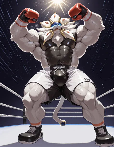 Solgaleo, anthro male, high quality, full body, looking down at viewer, looking up from directly below, solo, boxing ring background, red boxing gloves, thick very veiny arms, rugged muscles with protruding veins, white boxing shorts, black boxing shoes, t...