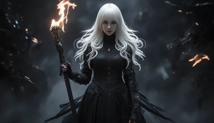  explore the dark fantasy anime setting in enigmatic detail ，  The female character in the center is、Pale Skin  、 、Long flowing hair、It features wearing a sophisticated gothic style black dress。  Let's take a look at her holding a flaming cane at the top  ...
