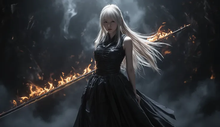  explore the dark fantasy anime setting in enigmatic detail ，  The female character in the center is、Pale Skin  、 、Long flowing hair、It features wearing a sophisticated gothic style black dress。  Let's take a look at her holding a flaming cane at the top  ...