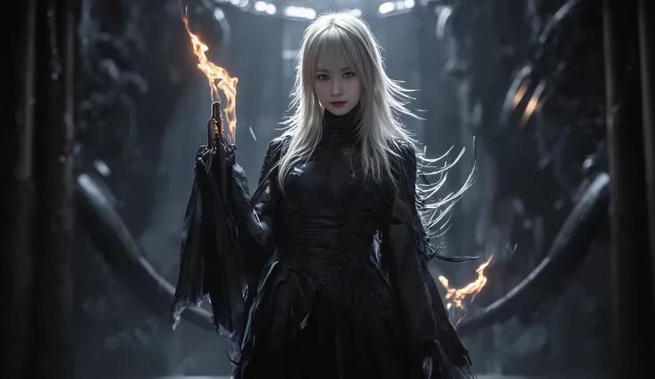  explore the dark fantasy anime setting in enigmatic detail ，  The female character in the center is、Pale Skin  、 、Long flowing hair、It features wearing a sophisticated gothic style black dress。  Let's take a look at her holding a flaming cane at the top  ...