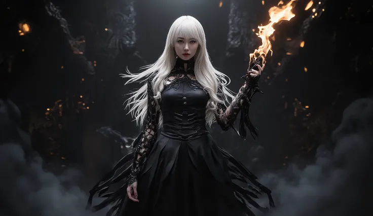  explore the dark fantasy anime setting in enigmatic detail ，  The female character in the center is、Pale Skin  、 、Long flowing hair、It features wearing a sophisticated gothic style black dress。  Let's take a look at her holding a flaming cane at the top  ...