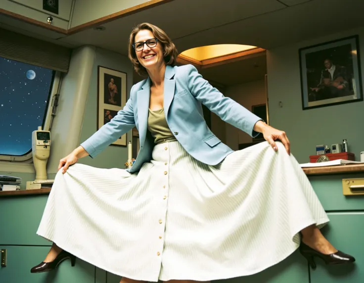 Soft focus captures a vintage aesthetic on 35mm film, reminiscent of Portra400 or Vision3 200T/500T. In a spaceship office, your therapist, who is a kind, mature lady sits on her desk surrounded by starry cosmos through large windows, showing her empathy ...