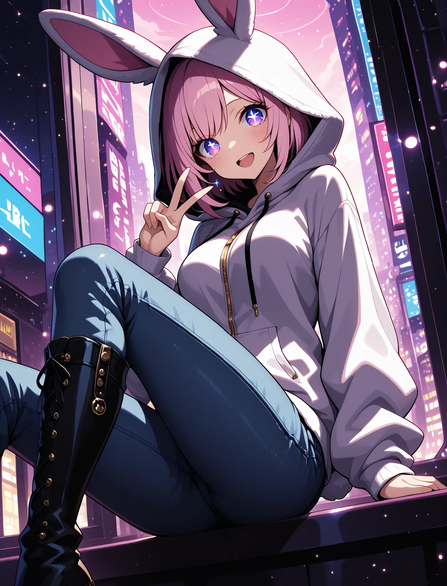 1 girl, violet eyes, light pink hair, short hair, cool, beautiful, medium breast, very cute, lovely, kawaii, 
 rabbit ear jacket, hood up, jeans, knee high boots, solo,detailled reflections of light, lights particules, detailled background, city, masterpie...