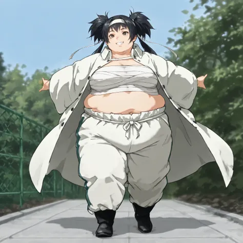 masterpiece, best quality,score_9, score_8_up, score_7_up, score_6_up, outdoors, 1girl, haylin, black hair, brown eyes, long hair, twin tails, female focus, solo, white jacket, white pants, headband, short hair, smile, black footwear, coat, crop top, midri...