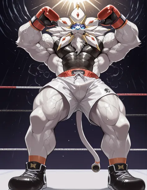 Solgaleo, anthro male, high quality, full body, looking down at viewer, looking up from directly below, solo, boxing ring background, red boxing gloves, thick very veiny arms, rugged muscles with protruding veins, white boxing shorts, black boxing shoes, t...
