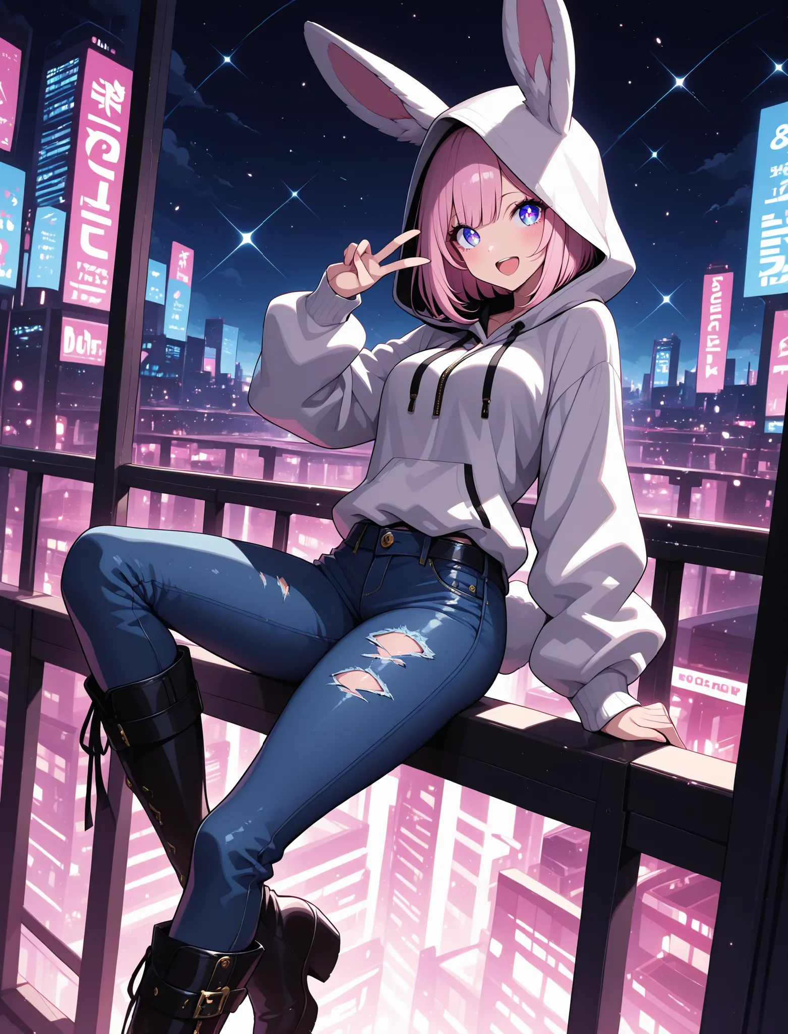 1 girl, violet eyes, light pink hair, short hair, cool, beautiful, medium breast, very cute, lovely, kawaii, 
 rabbit ear jacket, hood up, jeans, knee high boots, solo,detailled reflections of light, lights particules, detailled background, city, masterpie...