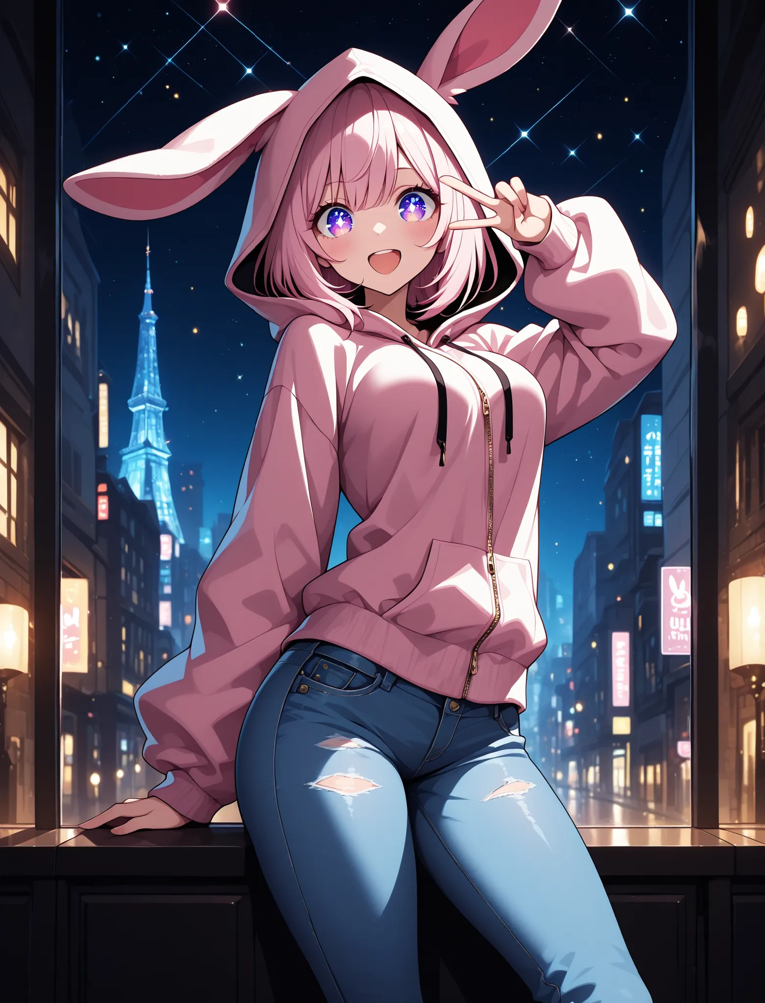 1 girl, violet eyes, light pink hair, short hair, cool, beautiful, medium breast, very cute, lovely, kawaii, 
 rabbit ear jacket, hood up, jeans, knee high boots, solo,detailled reflections of light, lights particules, detailled background, city, masterpie...