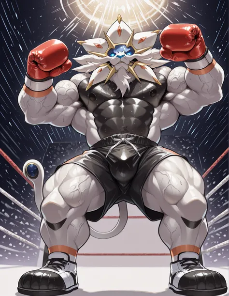 Solgaleo, anthro male, high quality, full body, looking down at viewer, looking up from directly below, solo, boxing ring background, red boxing gloves, thick very veiny arms, rugged muscles with protruding veins, black boxing shorts, white boxing shoes, t...