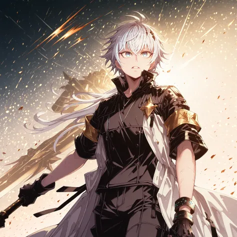 sozinho, 1 menino, e curto, pequeno personagem, personagem curto, personagem 1.50 metros de altura, e curto, personagem jovem, with Rimuru Tempest's male body, male character, campo longo, loose white hair with blue underside, young e curto character, simi...