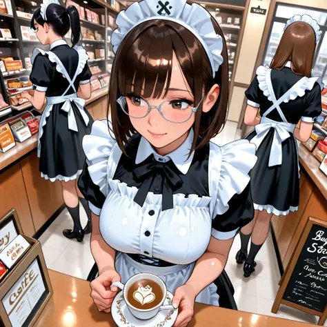 ハイディフィニションのBeautiful Face, shiny skin, Fine Skin, Silver glasses, Beautiful Face, detailed eyes, Two cute and energetic women, busy serving customers, A bustling store, Lively interior, Move, During conversation,Maid Fashion, angle from above, (big ), (Background,  real world, Stylish Maid Cafe, A busy store, open cafe), masterpiece, Highest Quality, 16k