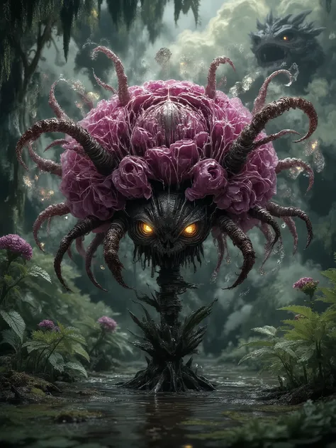 peonies, shadow demonic flower, demon aura, dark spell, spell patterns in the air, spell symbols, evil flower, nimbus dragon, Harajuku style 