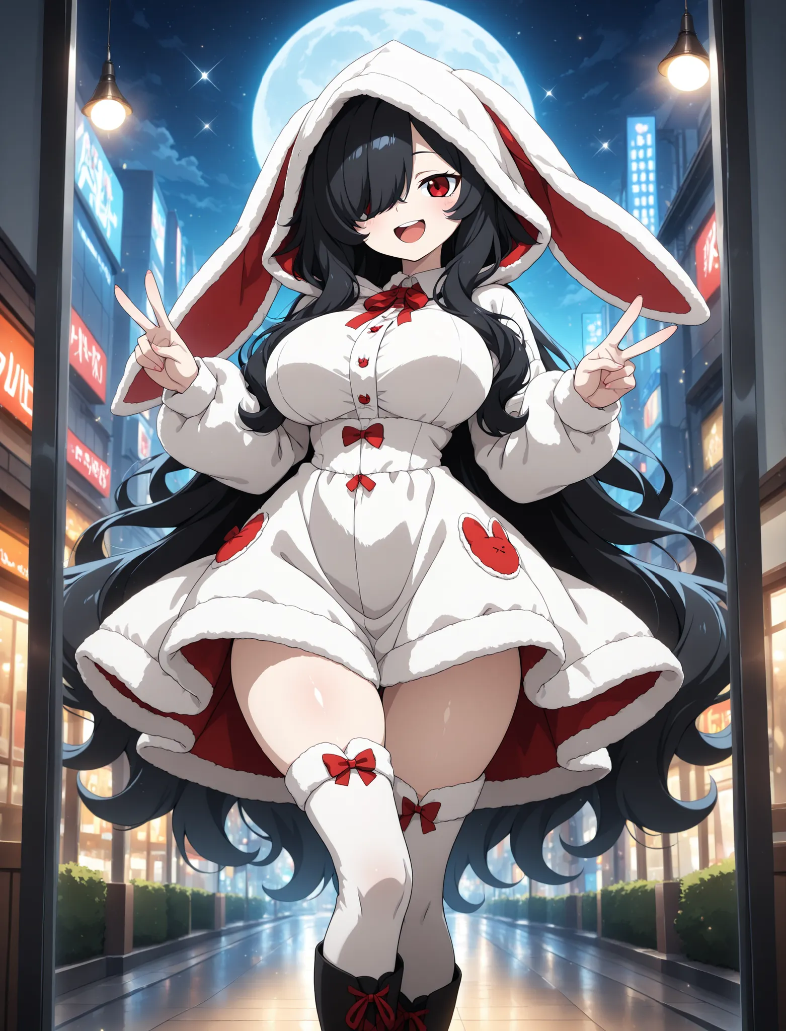 1girl, Kuroki Monika, black hair, very long hair, hair over right eye, red eyes, large breasts, (petite but curvy, very cute),
 rabbit ear dress, hood up, knee high boots, solo,detailled reflections of light, lights particules, detailled background, city, ...