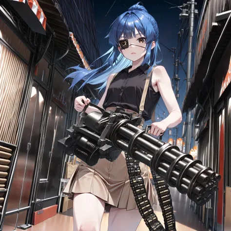 very aesthetic, 걸작, 고해상도, 8k 해상도, high contrast, (semi-realistic), newest, koreanai, best_quality, finely_detailed_eyes_and_detailed_face, (1 girl), brown_eyes, blue_long_hair, ponytail, black_eye_patch,slicked_side, black shirt, sleeveless, miniskirt, c-m...
